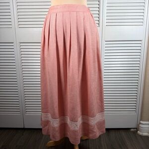 Korean Pink Pleated Midi Skirt Boho Elastic Waist Pockets.